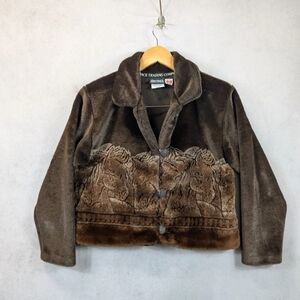 Outback Trading Company Horse Print Faux Fur Jacket Brown Women's Size Small